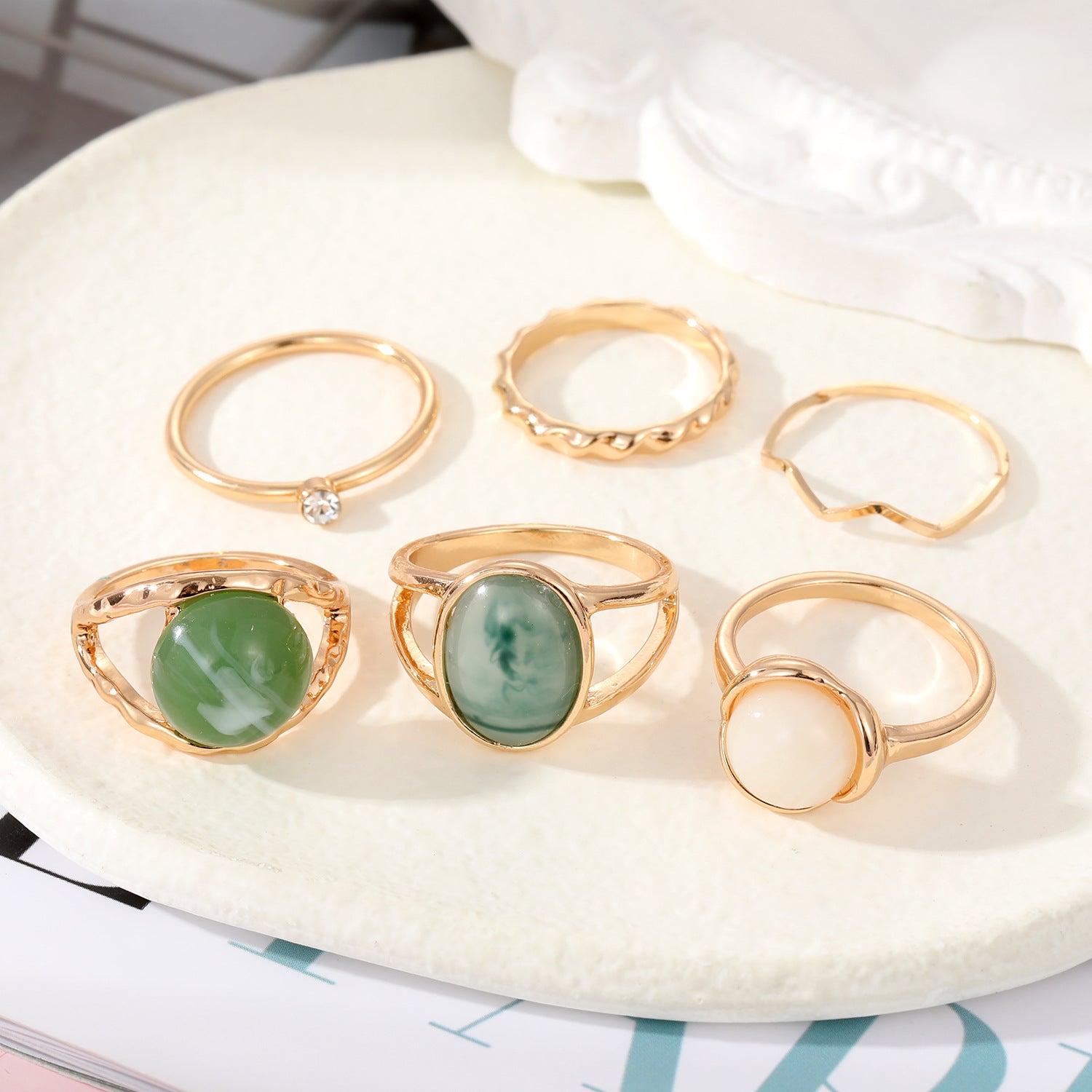 Wholesale Alloy Inlaid Green Jade Ring Set